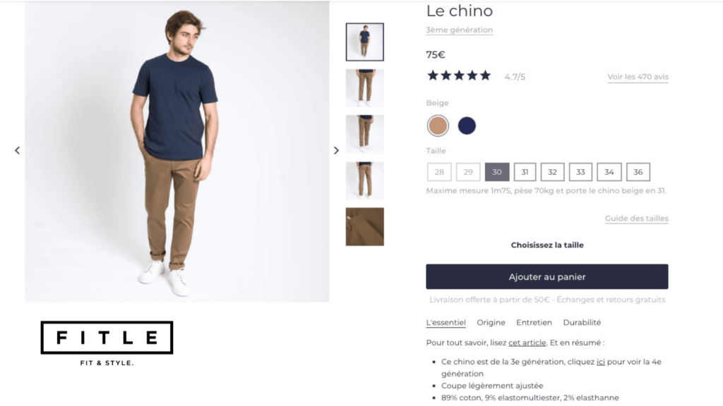 Fiche produit extraite d'un site internet, représentant un homme qui porte un chino.