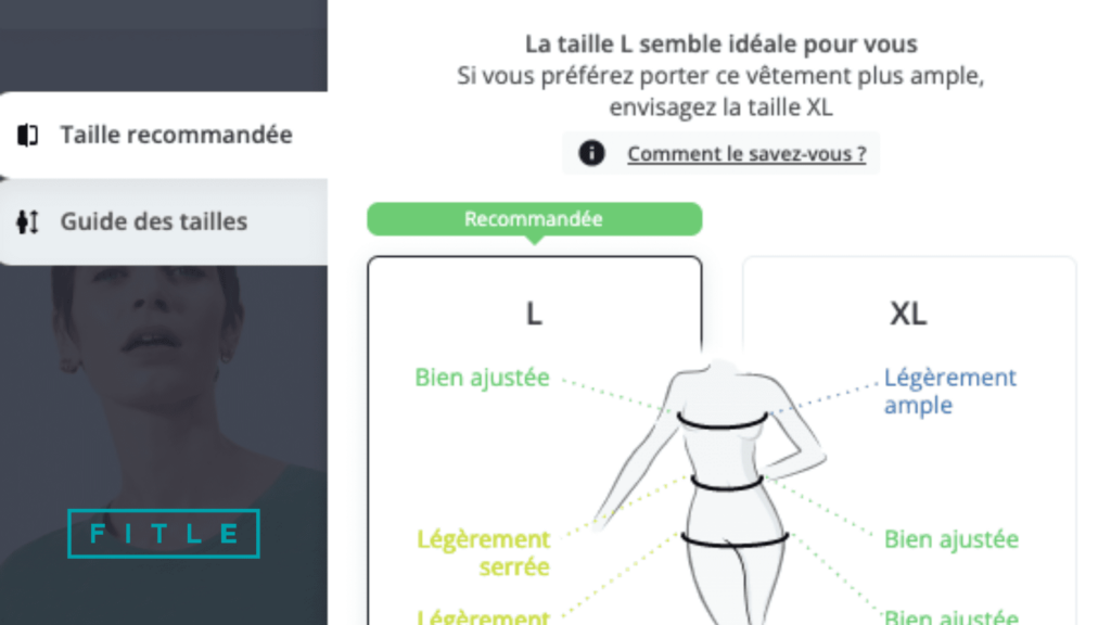 Capture d'écran de l'outil FITLE de recommandation de taille, depuis un ordinateur.