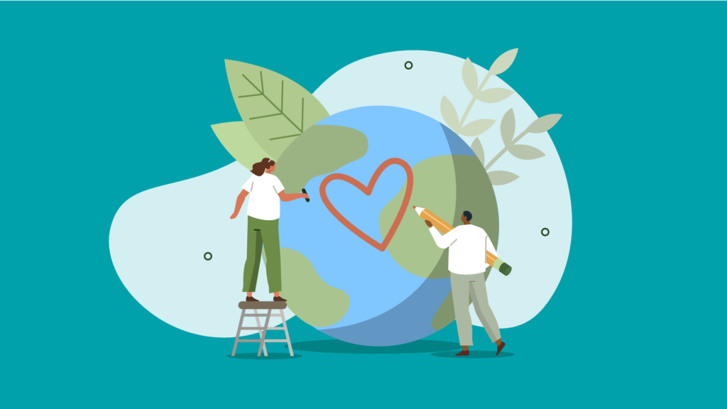 Illustration of the earth with a man drawing a heart on it.